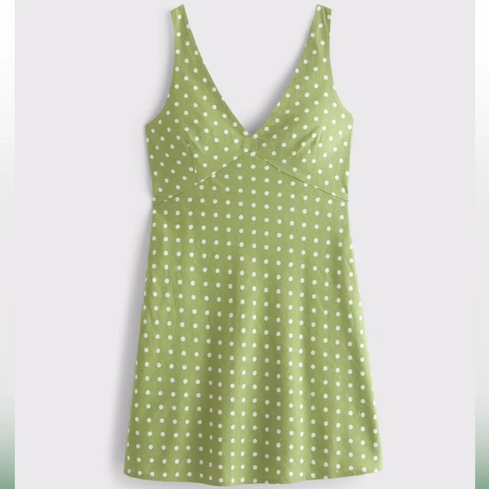 Polka Dot V Neck Linen Blend Mini Dress - Picture 4 of 7